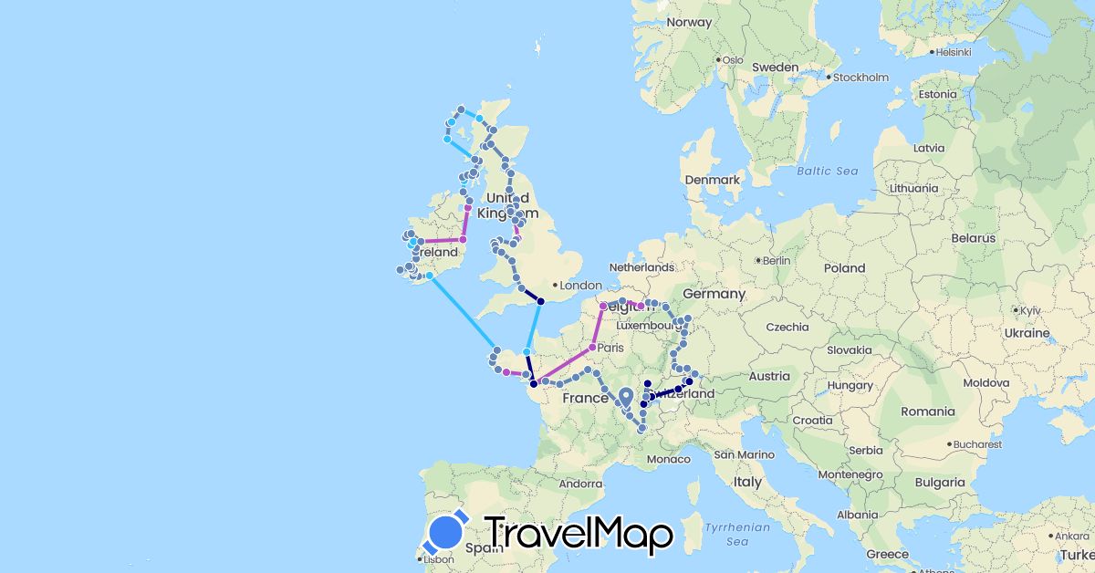 TravelMap itinerary: driving, cycling, train, boat in Belgium, Switzerland, Germany, France, United Kingdom, Ireland (Europe)
