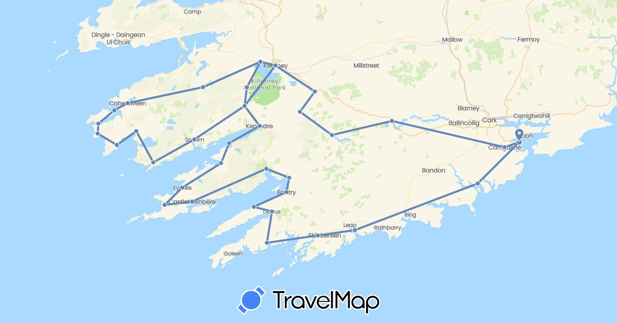 TravelMap itinerary: cycling, boat in Ireland (Europe)